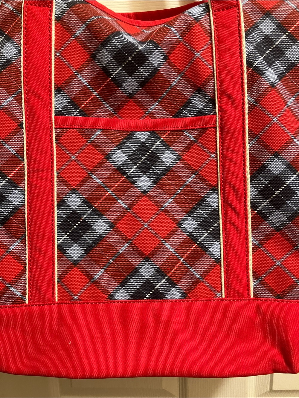 Lands' End Red Plaid Canvas Tote with Front Pocket - Picture 3 of 8